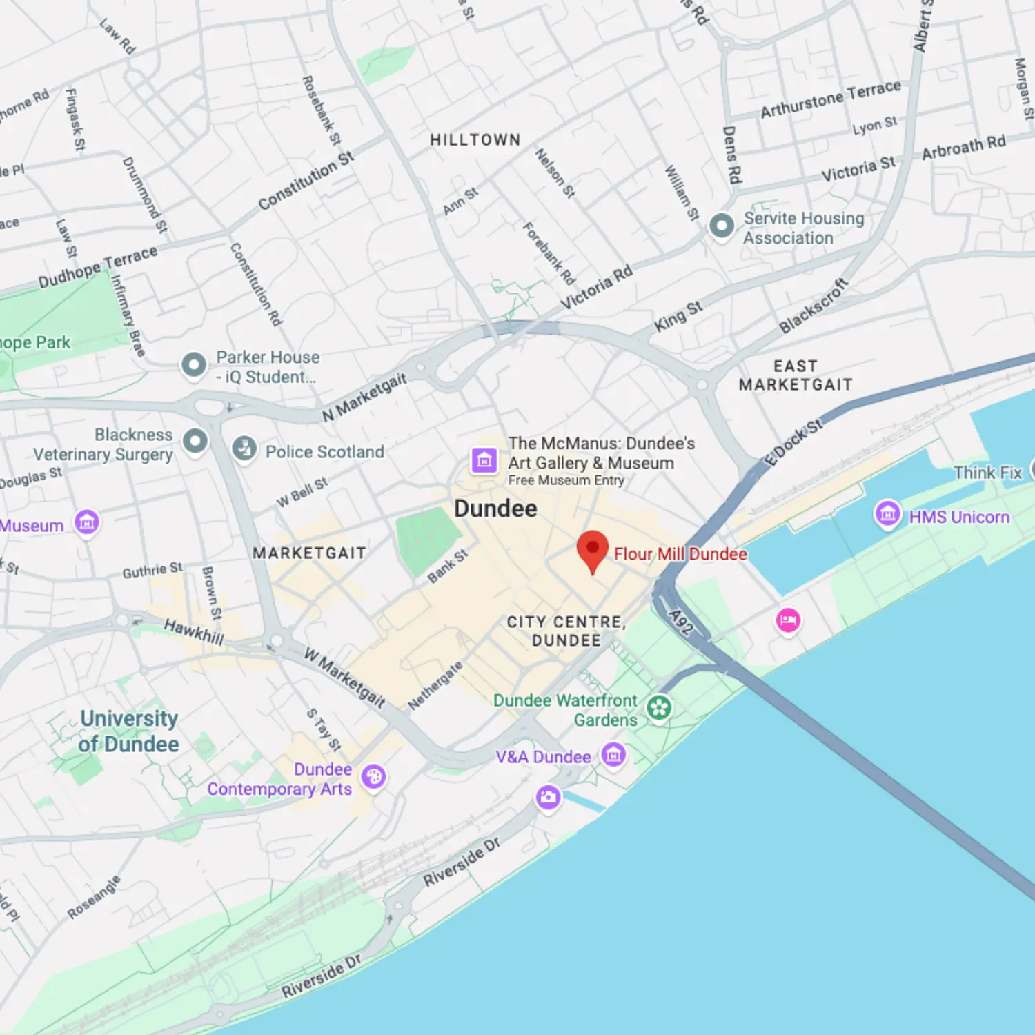 Map showing The Flour Mill in central Dundee
